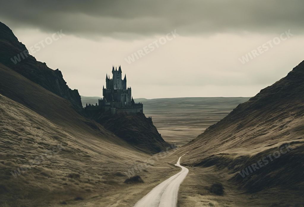 An AI generated illustration of an aerial view of a winding road leading up to a majestic castle surrounded by snow-capped mountains