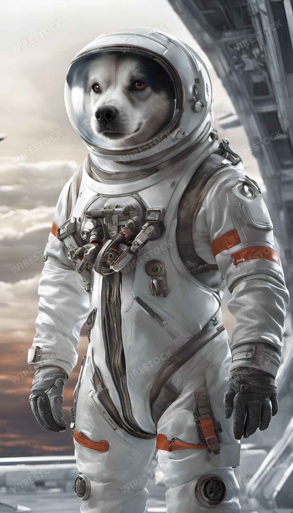 An AI generated illustration of a cute dog wearing a space suit and helmet floating in the starry night sky of the galaxy