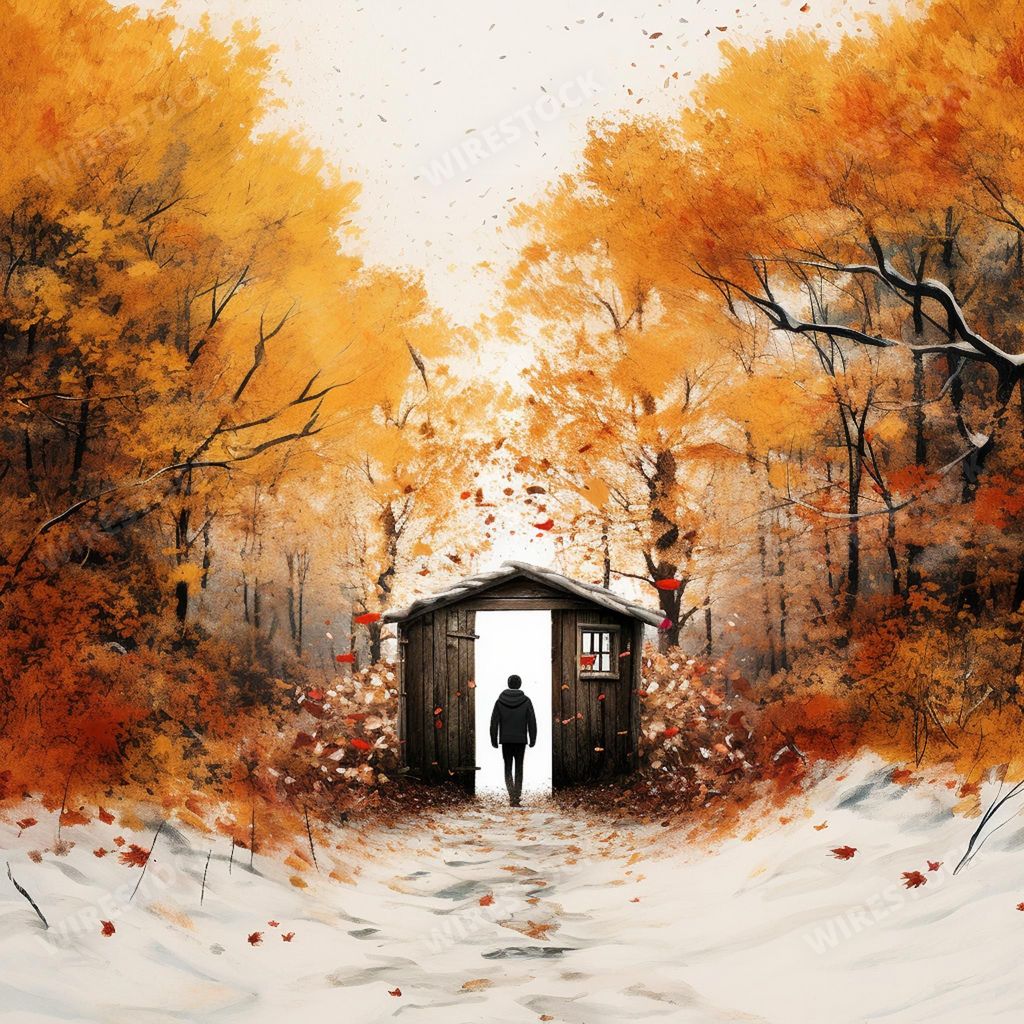 An AI generated illustration of a person walking through wooden gates in autumn