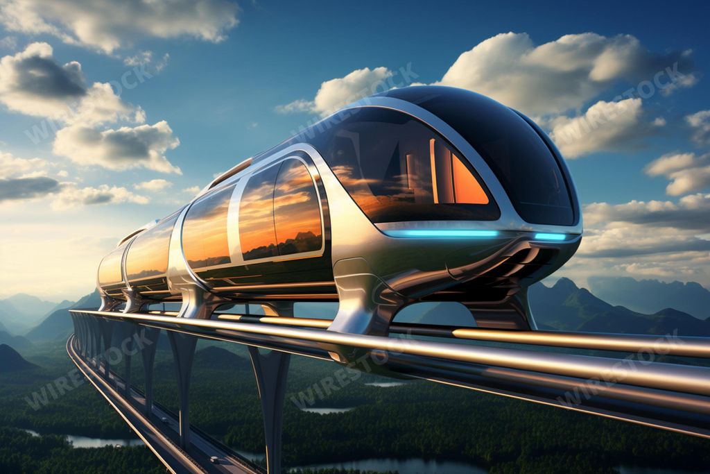 An AI illustration of An AI generated illustration of An aerial view of a modern train traveling on tracks alongside a serene body of water
