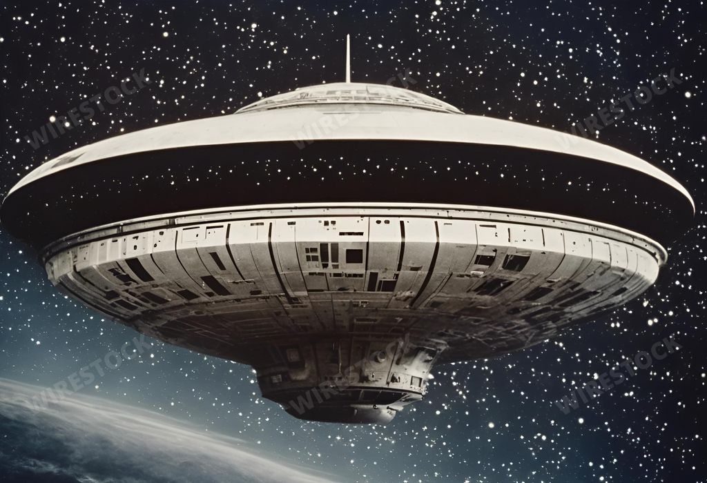 An AI generated illustration of a massive spaceship hovering in the sky above the planet Earth
