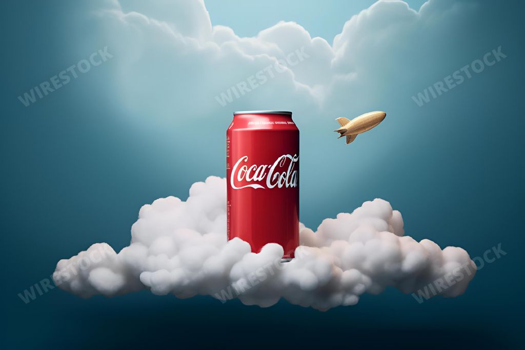An AI generated illustration of A close-up shot of a Coca-Cola can in the sky while a small airplane flies in the background