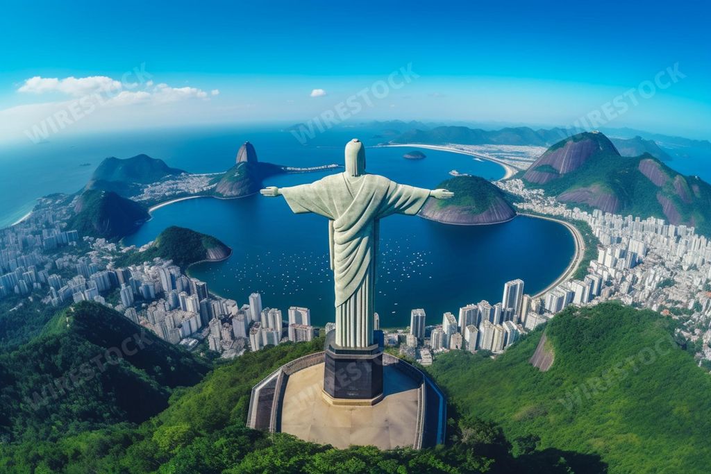 An AI illustration of A stunning aerial view of the city of Rio de Janeiro, Brazil, featuring the iconic statue of Jesus Christ overlooking the citysc