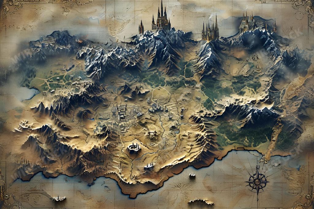 An AI generated illustration of An illustrated map featuring a fantasy world with detailed mountains, houses and trees, providing a detailed landscape and geography