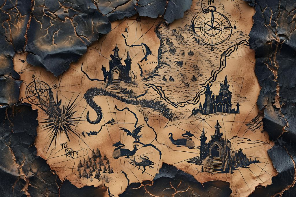An AI generated illustration of A close-up image of an antique map on aged paper with a vintage clock in the background