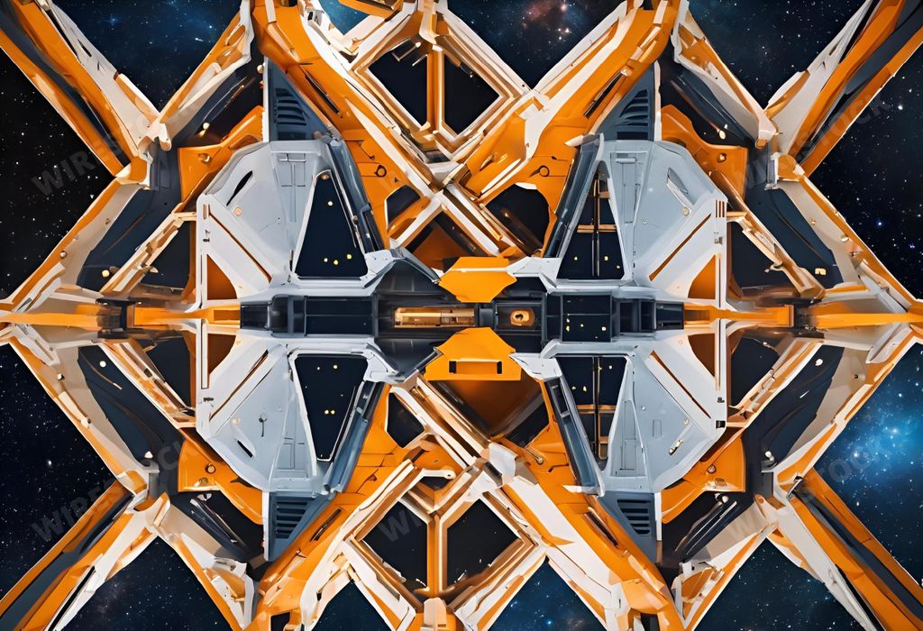 An AI generated illustration of a space station reflected on a smooth surface, with a bright light source in the background