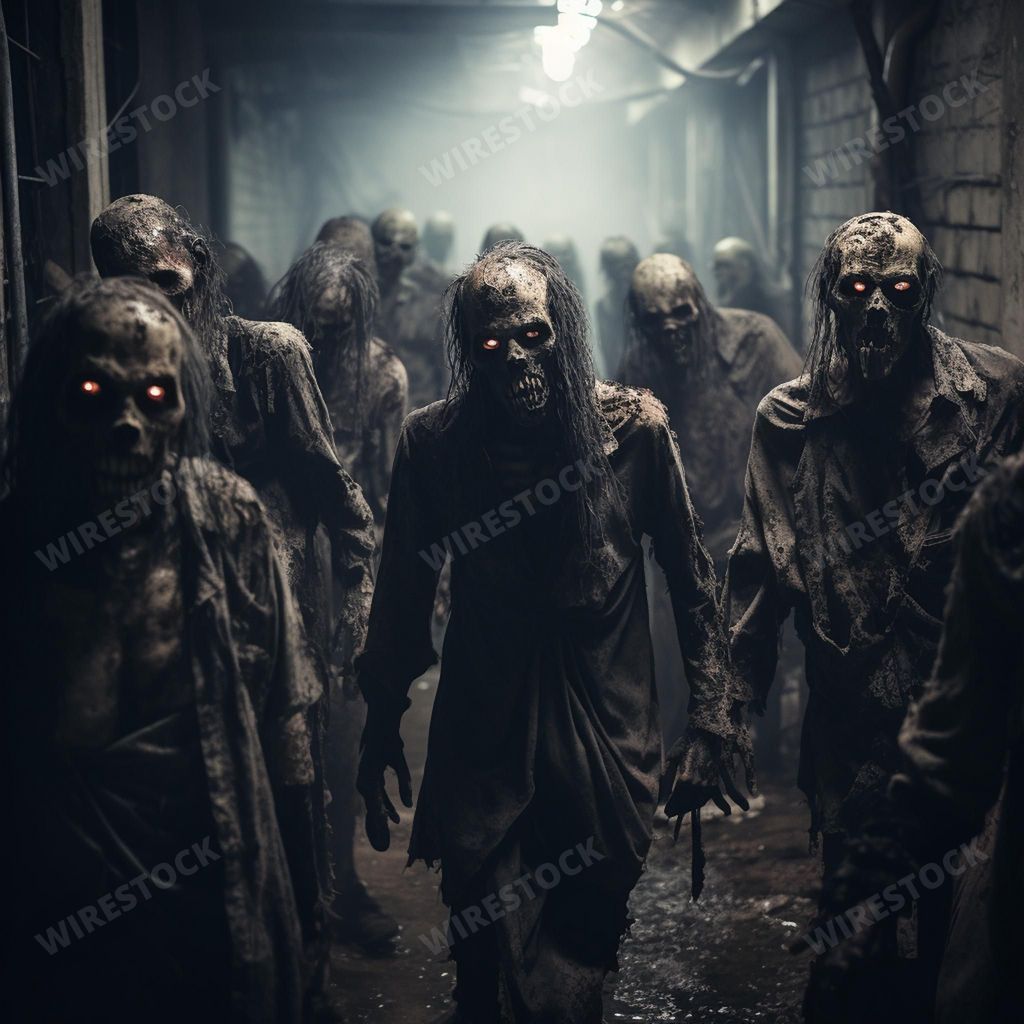 An AI generated illustration of a group of male adults dressed in zombie costumes standing in a dark street alleyway