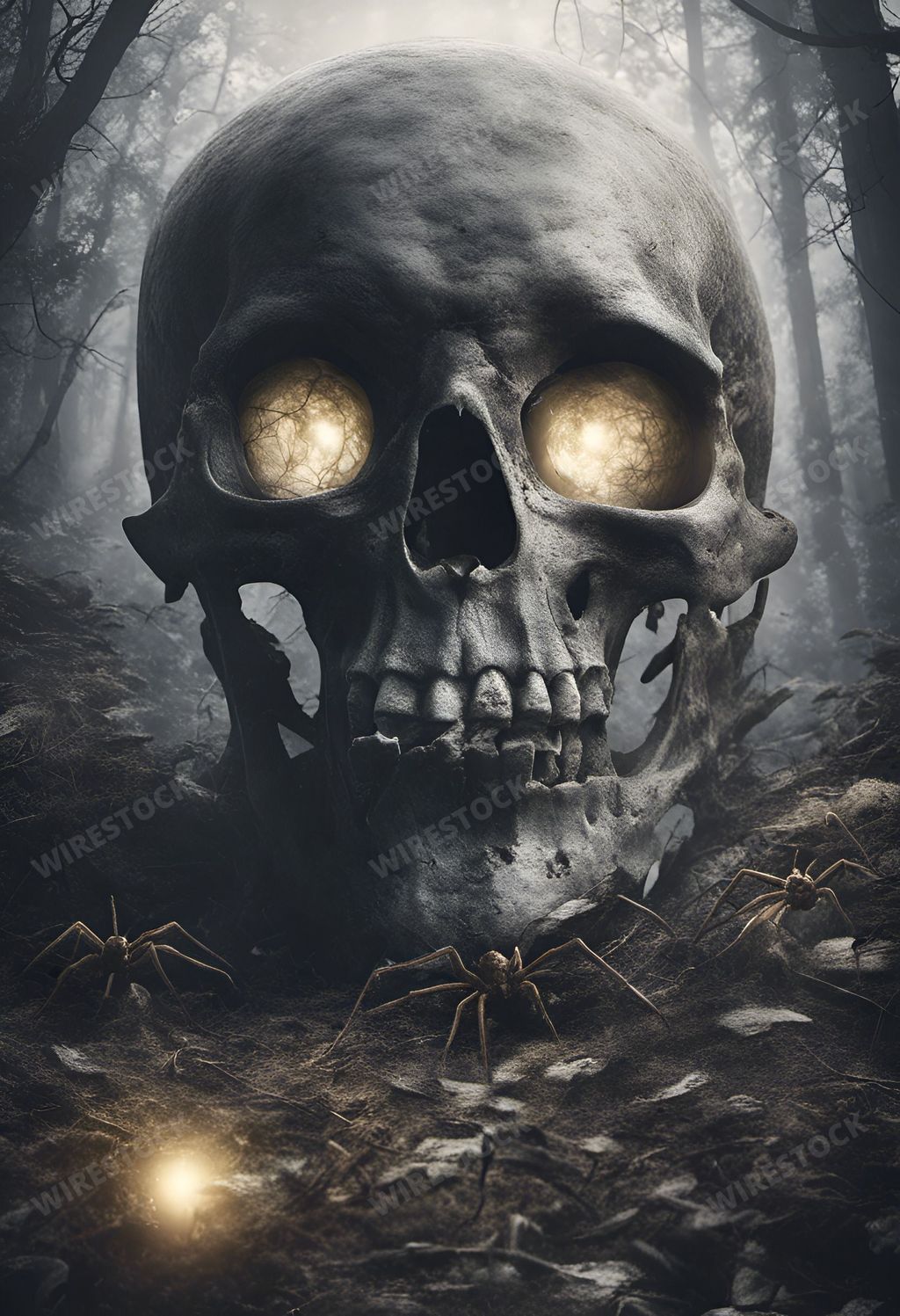 An AI generated illustration of A human skeleton stands in a dark forest illuminated by glowing yellow eyes