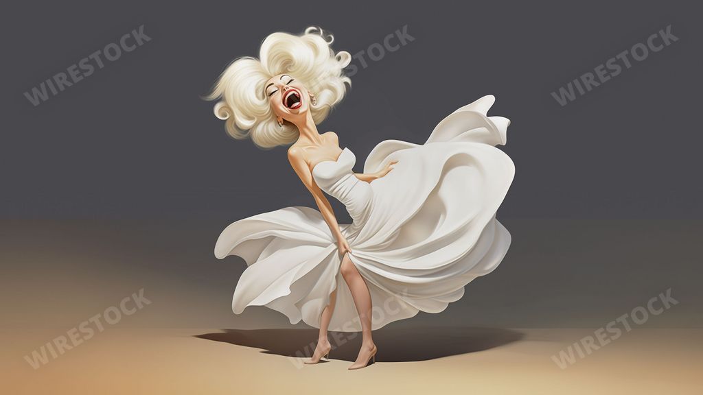 An AI generated illustration of A young woman in a white dress stands with her skirt parted, revealing her legs