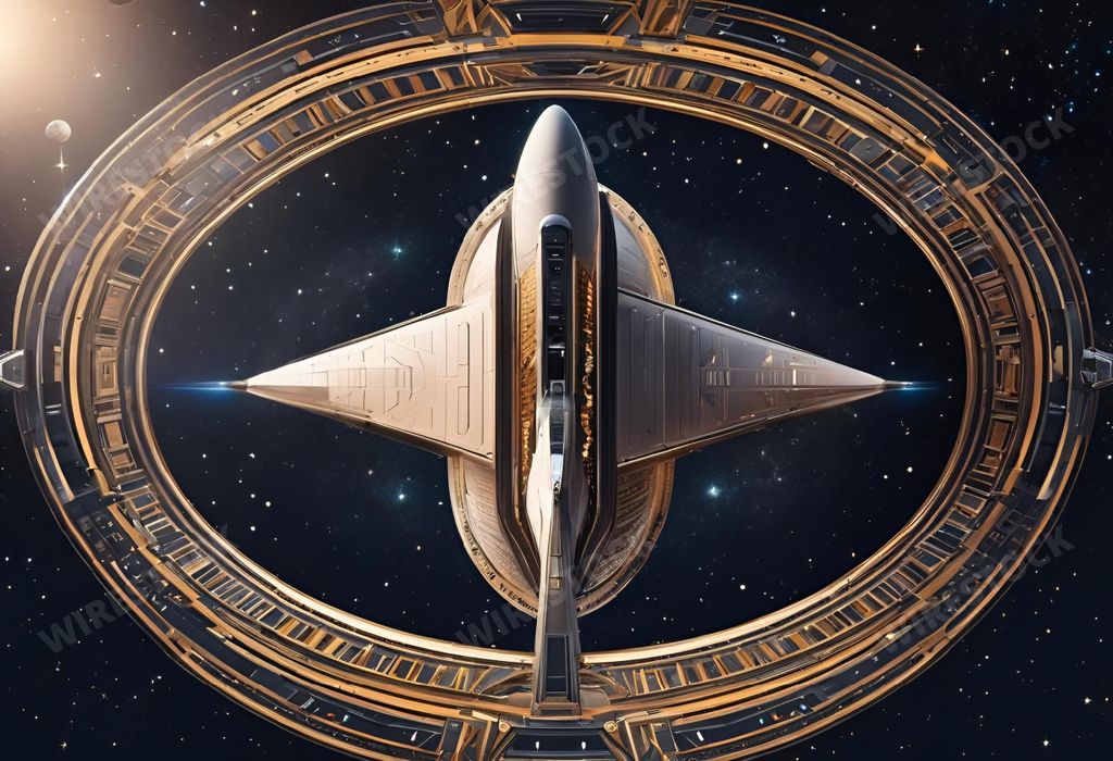 An AI generated illustration of space-themed logo featuring two spacecraft in a symmetrical formation around a central star-shaped symbol