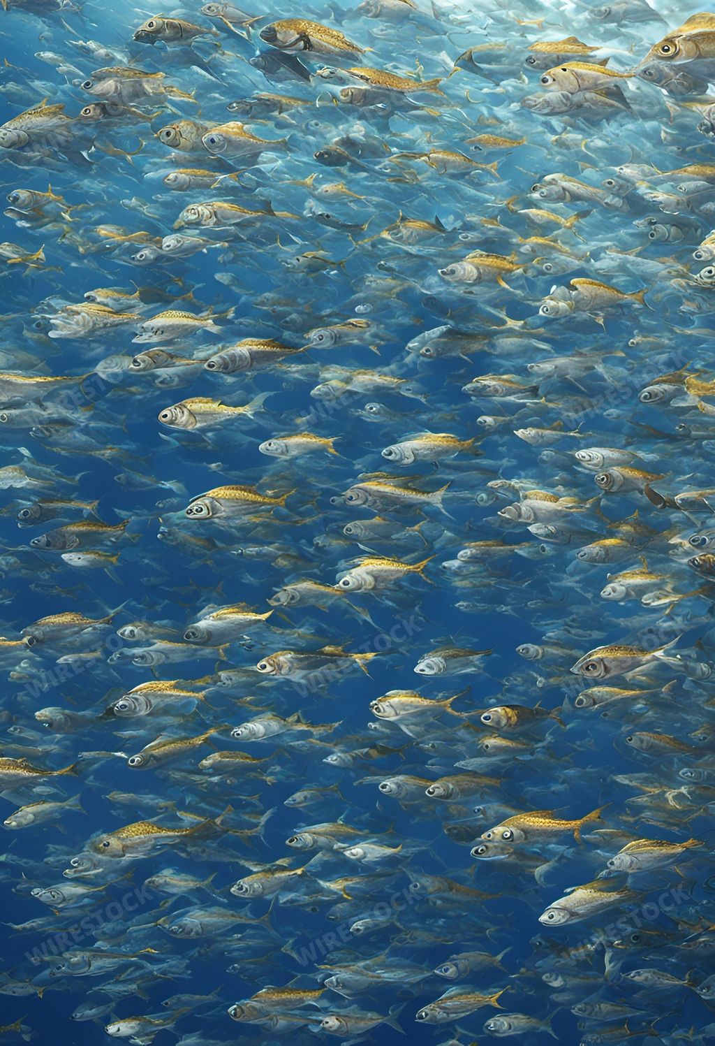 An AI generated illustration of This stock image features a tranquil blue pond filled with a plethora of small fish