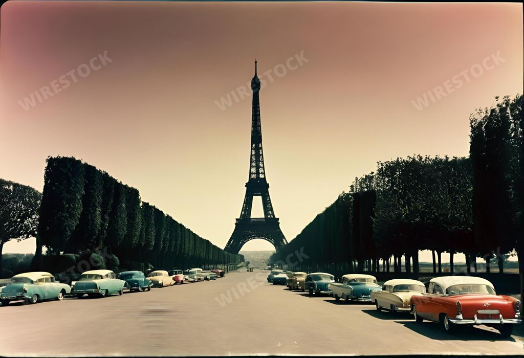 An AI generated illustration of A high-angle shot of the iconic Eiffel Tower in Paris, France, standing tall against the blue sky