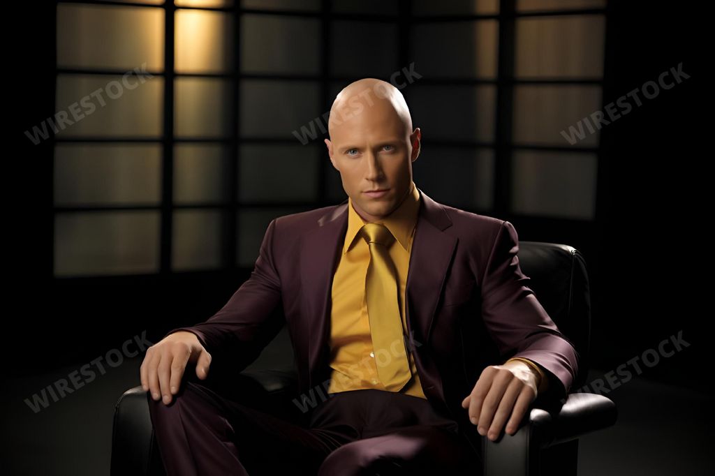 An AI generated illustration of a bald man wearing a purple suit sitting in a dark room on a chair