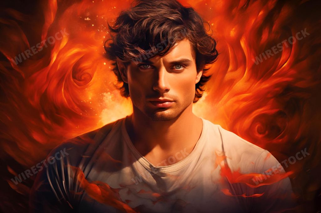 An AI generated illustration of a man with fiery hair, surrounded by a swirling blaze of flames