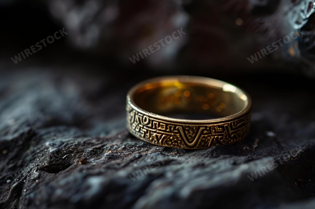 An AI-generated illustration of a stunning gold ring with intricate carvings