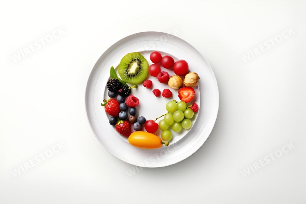 An AI generated illustration of An aesthetically pleasing arrangement of fresh seasonal fruit artfully placed in a circle on a crisp white plate