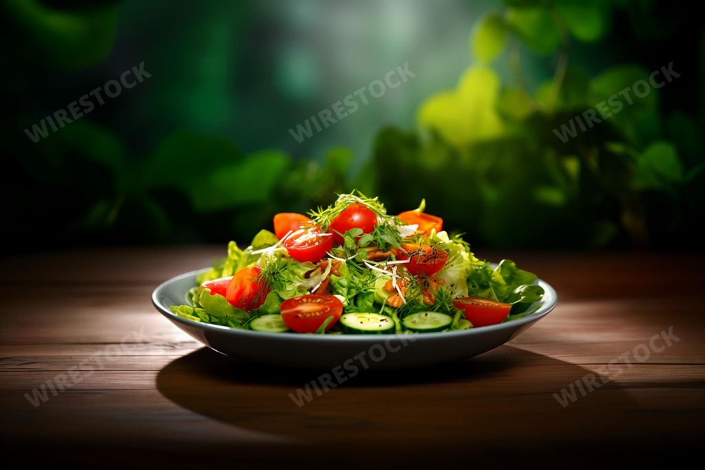 An AI illustration of An AI generated illustration of An appealing plate of assorted vegetables sits atop a table surrounded by lush greenery