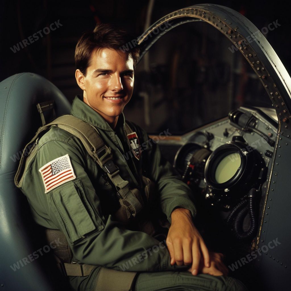 An AI illustration of A mature Caucasian male is standing in the cockpit of an airplane, looking directly towards the camera with a serious expression