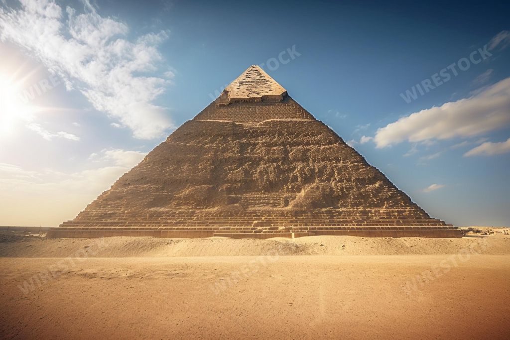 An AI illustration of an ancient Egyptian pyramid in the desert, illuminated by the bright sunlight