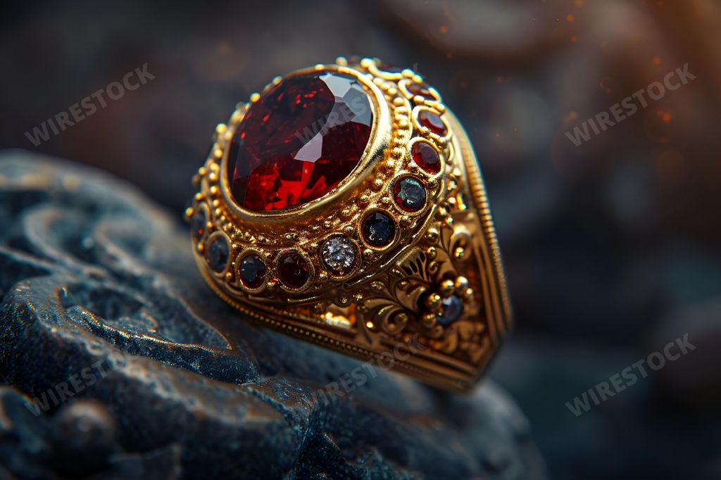 An AI-generated illustration of a beautiful gold ring with a red stone