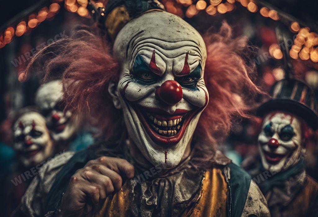 An AI generated illustration of Two clowns in brightly colored costumes posing in a carnival setting, surrounded by other clowns in an eerie atmosphere