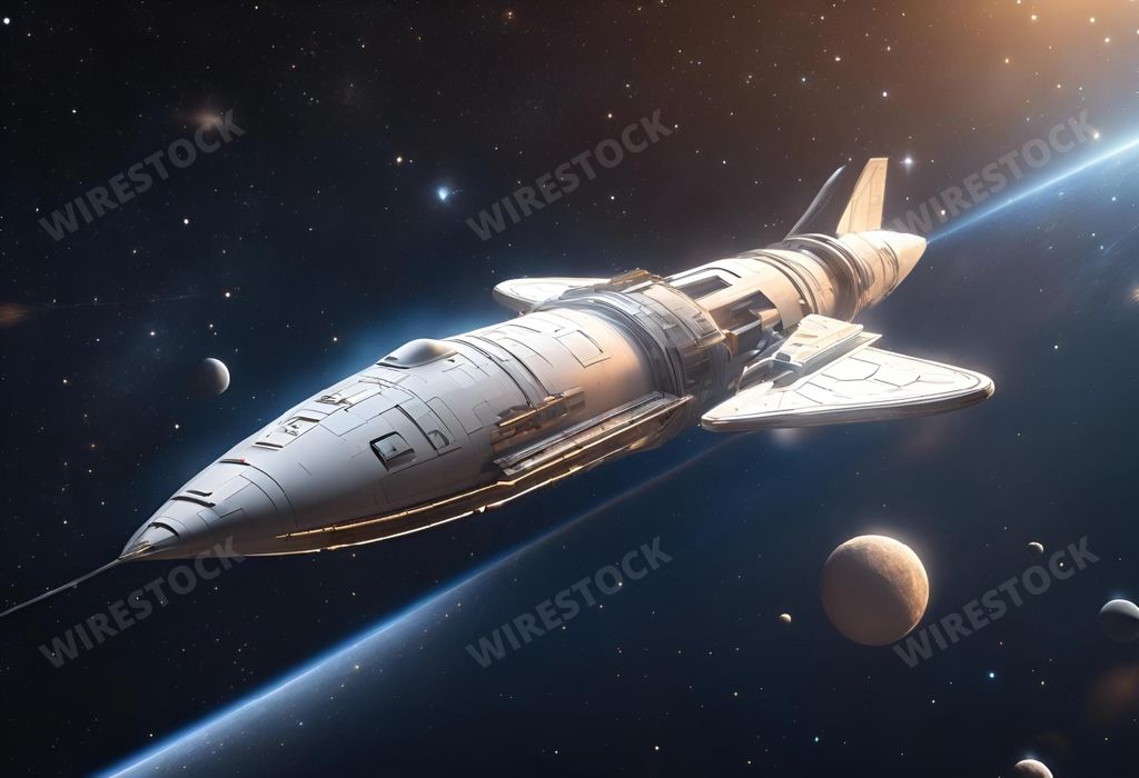 An AI generated illustration of a science-fiction spaceship against a backdrop of multiple planets