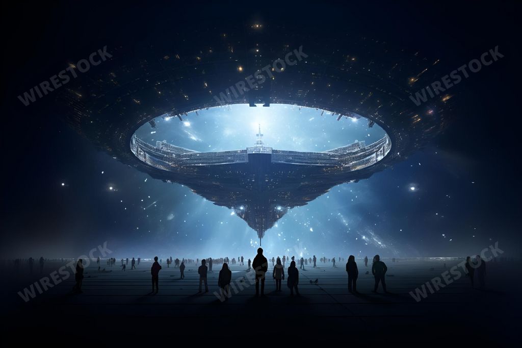 An AI generated illustration of a group of people standing amidst a surreal landscape of a spaceship in outer space, illuminated by a brilliant star