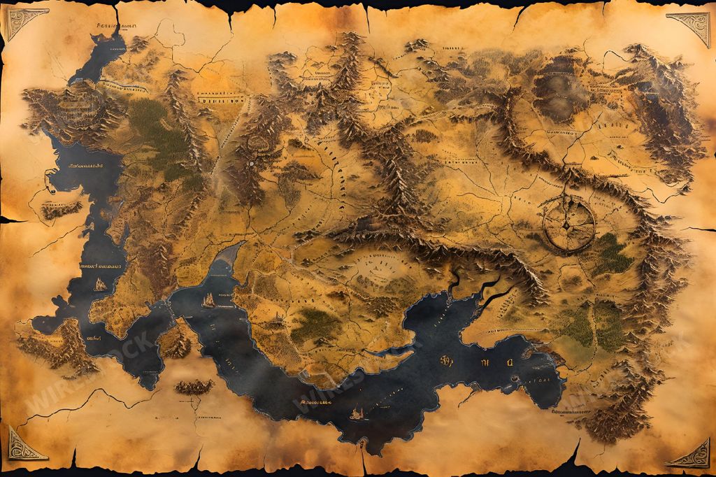 An AI generated illustration of An aged, aged parchment map with a sepia-toned brown coloration
