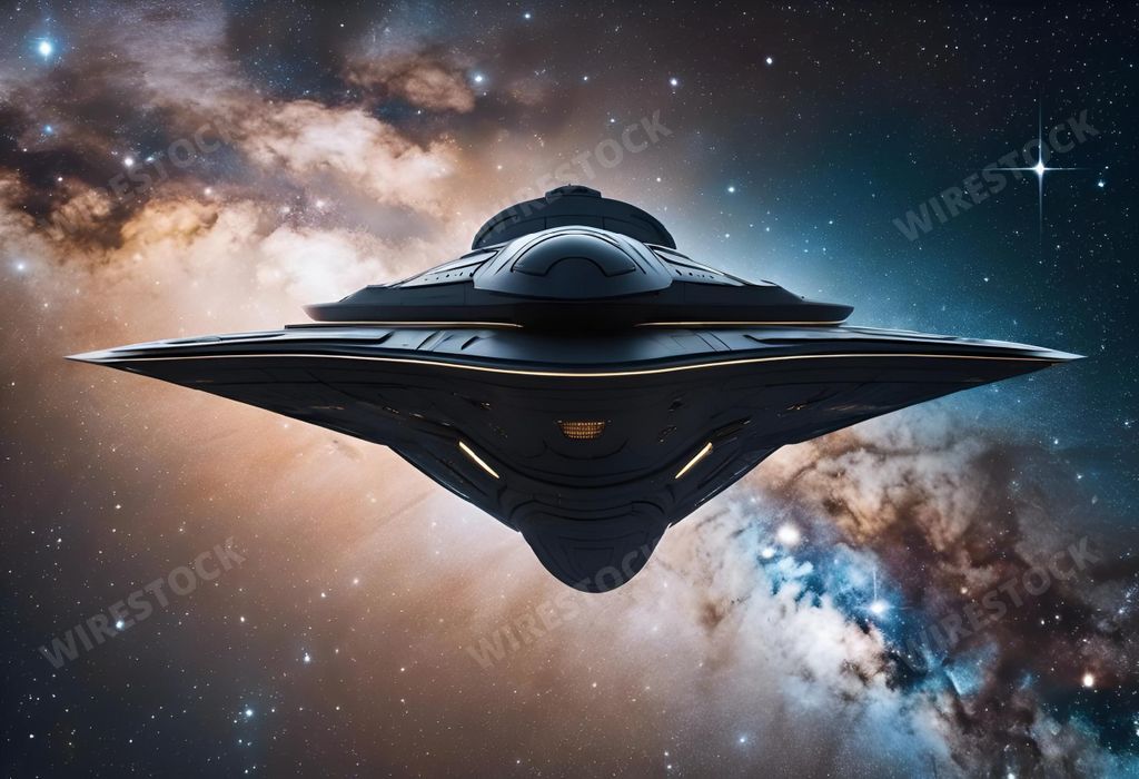 An AI generated illustration of a majestic view of a large spaceship soaring in outer space against the backdrop of a vibrant nebula