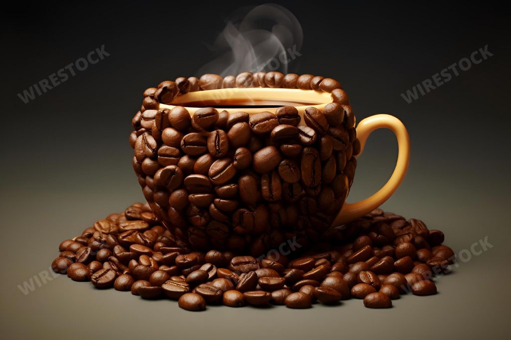 An AI generated illustration of A close-up image of freshly roasted coffee beans and aromatic coffee in the shape of a cup with a wisp of steam rising from the surface