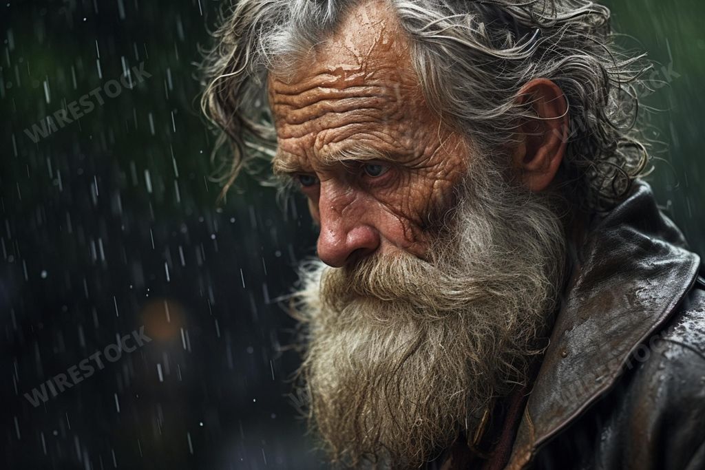 An AI illustration of an elderly man with long beard standing in the rain