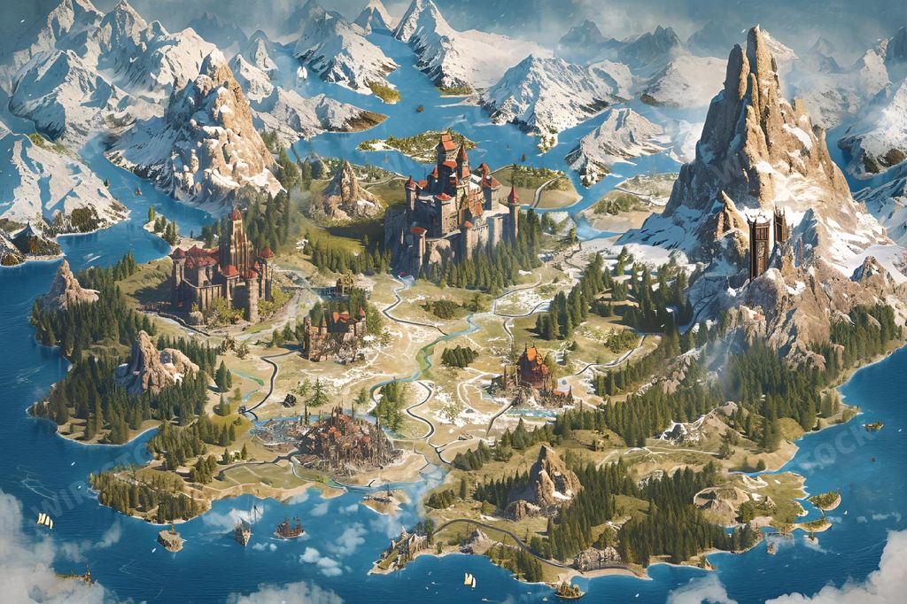 An AI generated illustration of A high-resolution digital map featuring a landscape of mountains and buildings