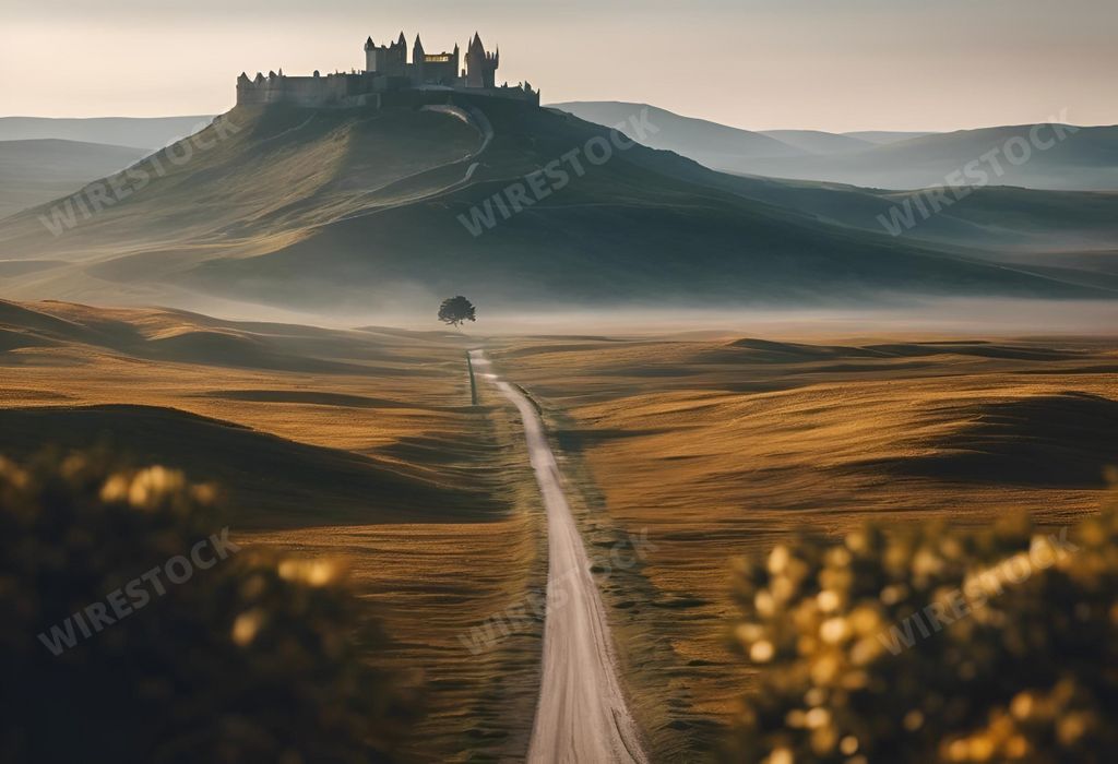 An AI generated illustration of an open road leading into a picturesque valley with a majestic castle in the background