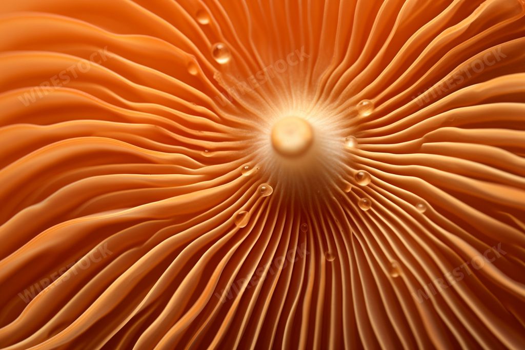 An AI generated illustration of A high-resolution close-up photograph of a mushroom cap covered with sparkling water droplets