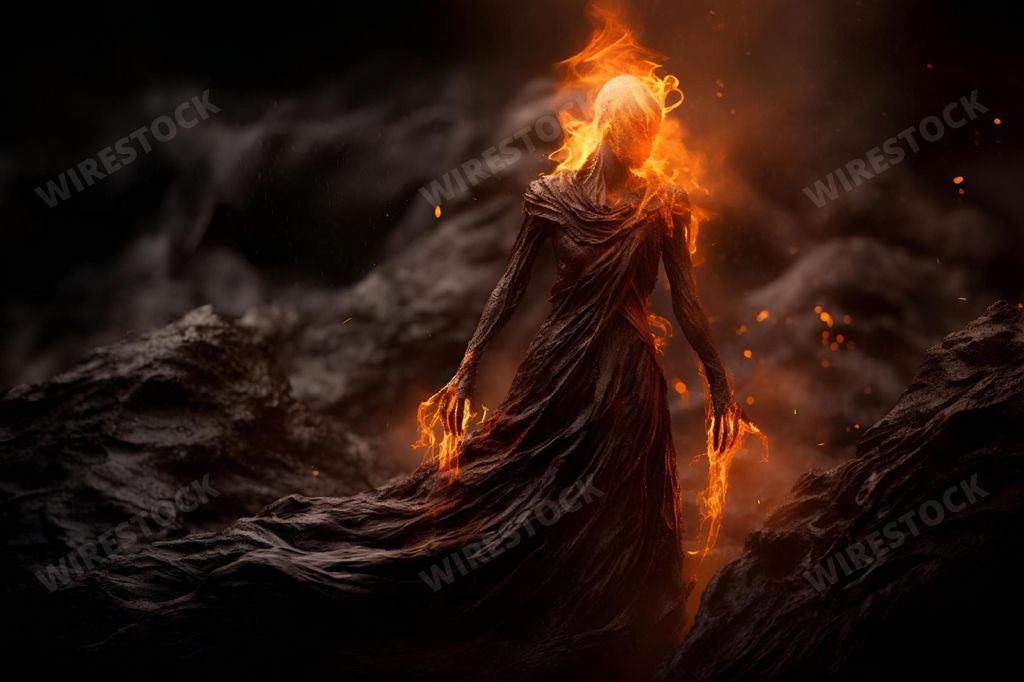 An AI generated illustration of An attractive woman stands in a long dress in front of a scenic backdrop of rocks and flames