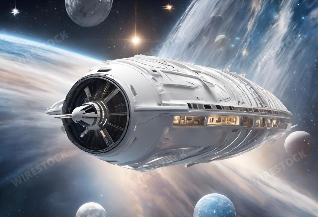 An AI-generated illustration of a spacecraft against the background of a nebula with planets