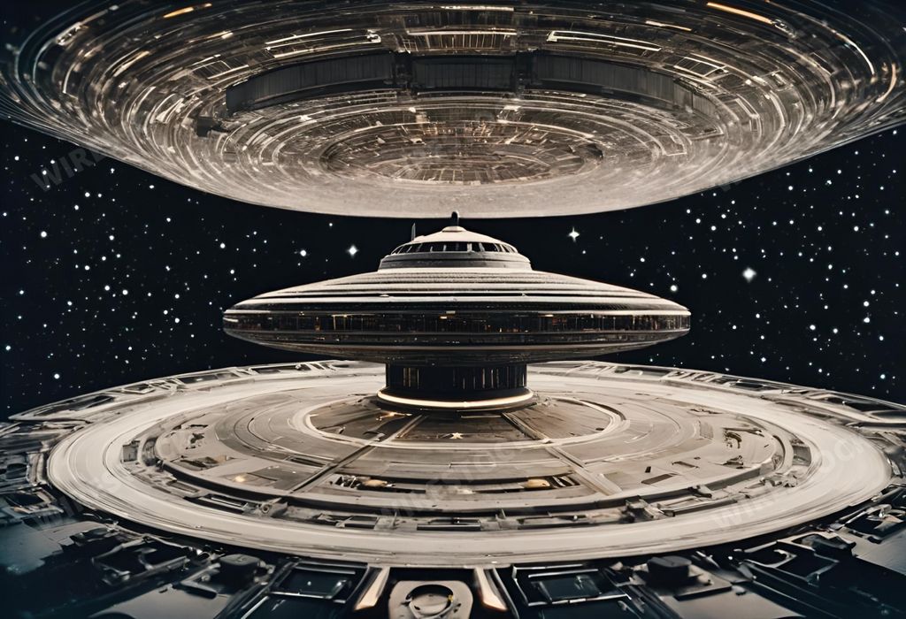 An AI generated illustration of a flying saucer and spacecraft in mid-flight