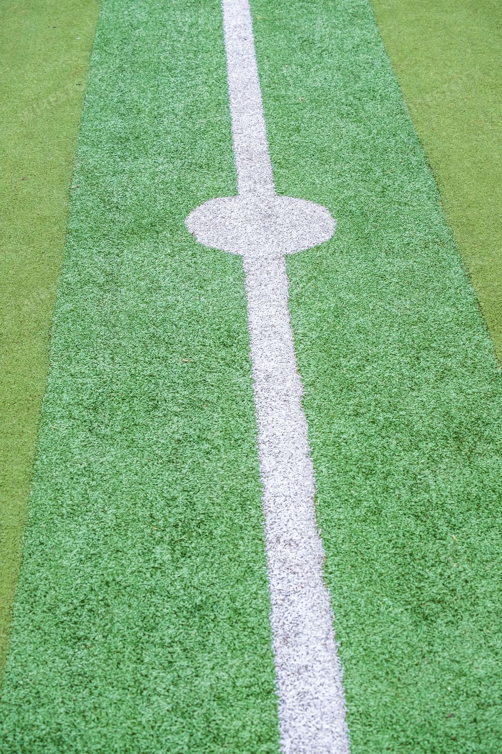 A vertical shot of a white line marking on a football field