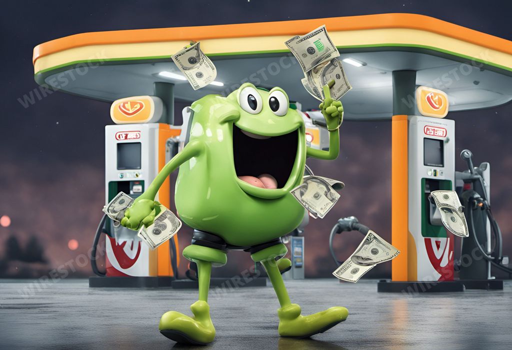 An AI generated illustration of An illustration of a cartoon character with green skin wearing a yellow shirt, standing by a row of white gas pumps with one hand raised and the other holding a stack