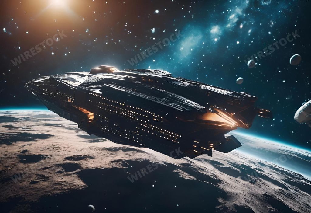 An AI generated illustration of a star citizen soaring through the vastness of space, passing by a galaxy filled with planets
