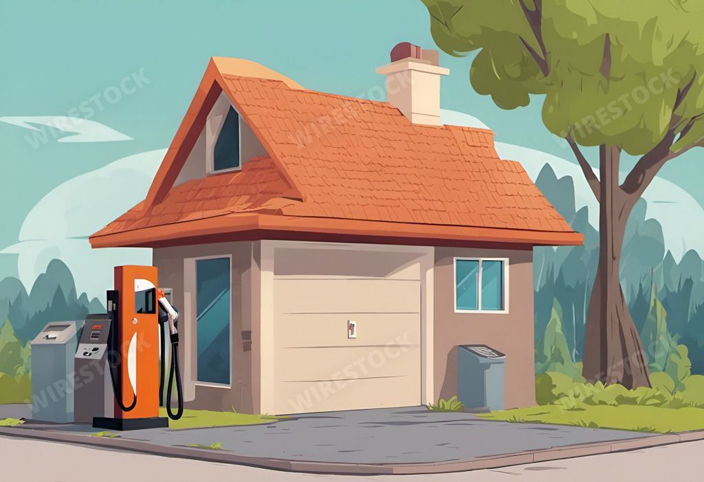 An AI generated illustration of A colorful illustration of a cartoon gas station located on a street lined with trees