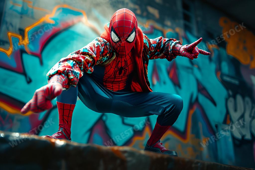 An AI generated illustration of A young individual strikes a confident pose on a ledge, exuding the spirit of adventure, while donning a vibrant Spider-Man costume
