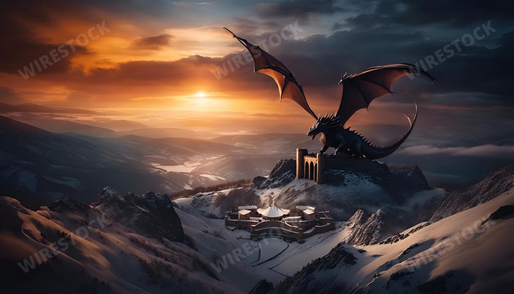 An AI generated illustration of A majestic dragon is soaring through the sky above a range of snow-capped mountains, perched atop a peak of one of the mountains