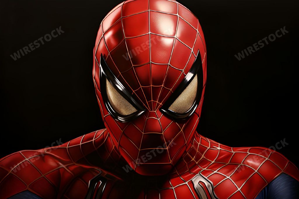 An AI generated illustration of A man wearing a full-body spider costume with glowing eyes is illuminated in a dark setting