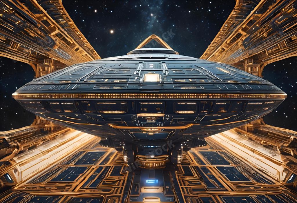 An AI generated illustration of spaceship and starships in orbit against a starry night sky