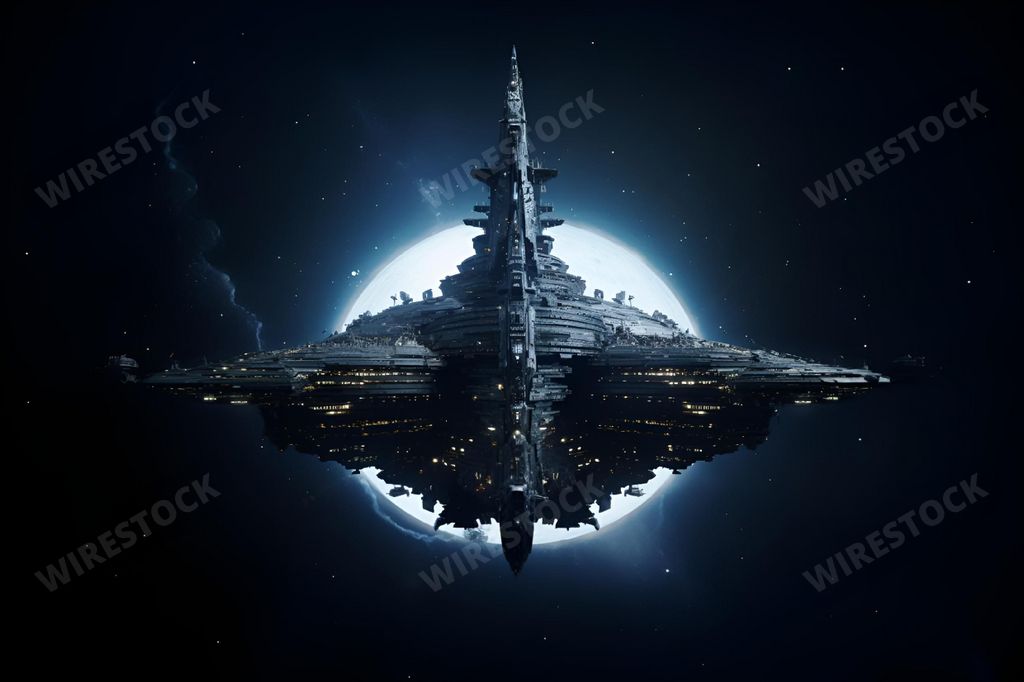 An AI generated illustration of a large spaceship illuminated by the light of a full moon, floating in the vastness of space