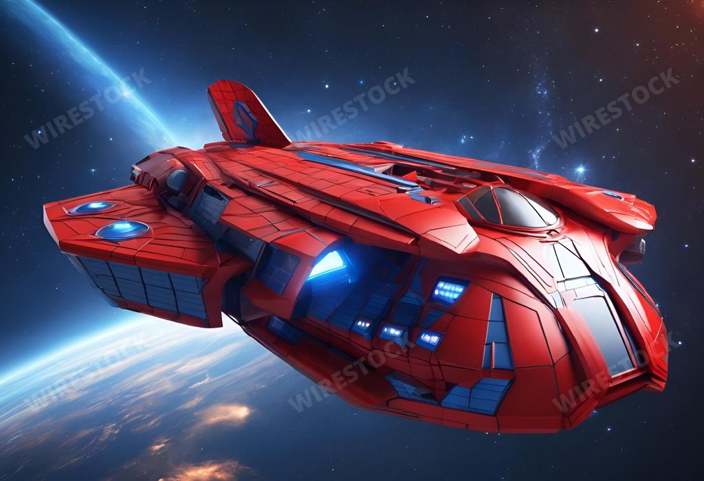 An AI generated illustration of An interstellar spacecraft with a fiery red exterior is pictured soaring through the cosmic void with a brilliant star in the background