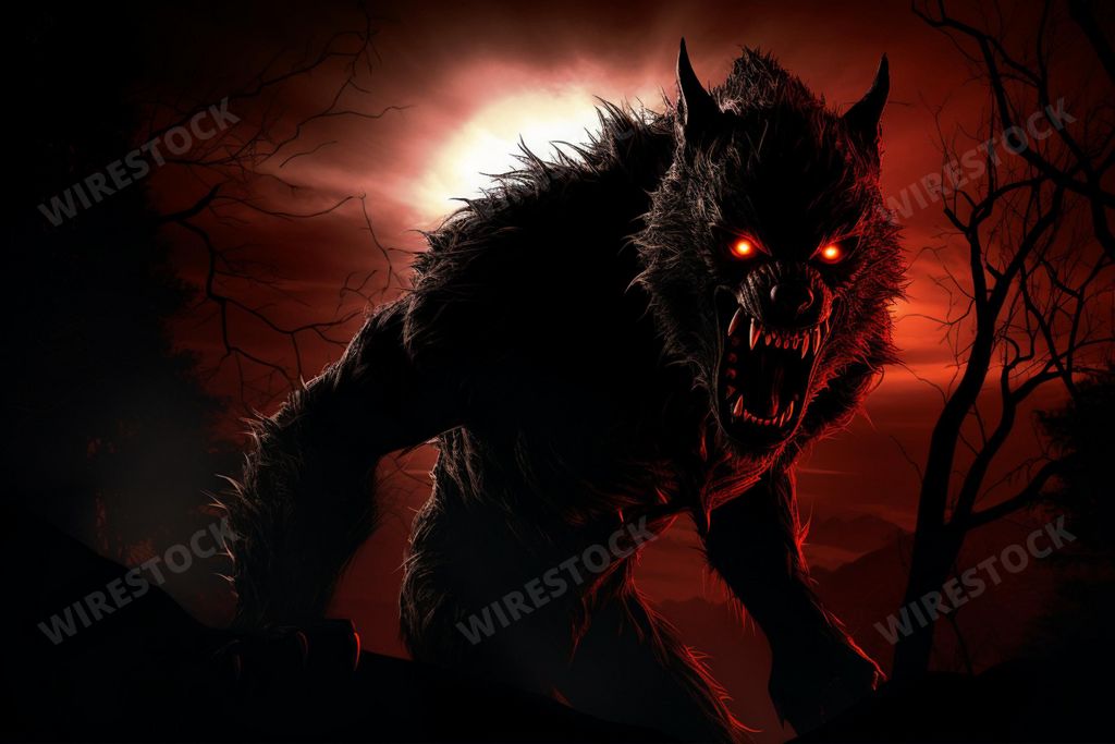 An AI illustration of An AI generated illustration of An image of a werewolf silhouetted against the night sky in a forest, illuminated by the light o