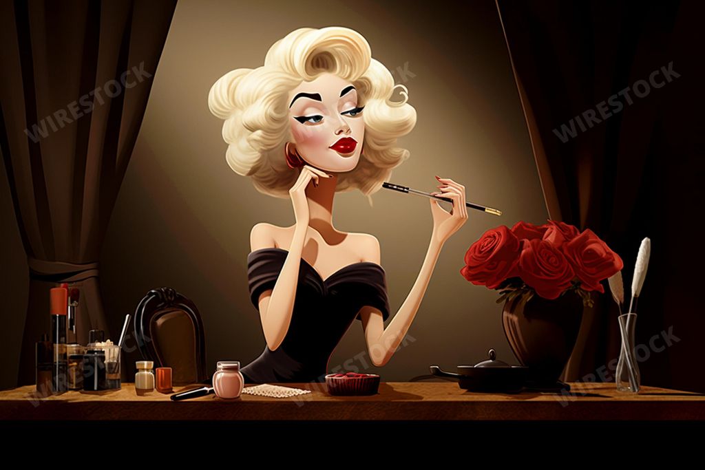 An AI generated illustration of A female with fair skin applying lipstick with a makeup brush while seated at a desk