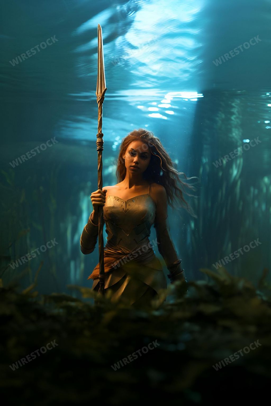 An AI-generated illustration of a mermaid warrior with a spear pictured in an underwater setting